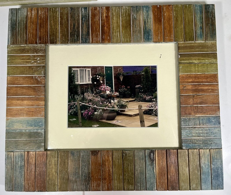 2 Beach Striped Teak Frames 15" x 13" Driftwood Design Nautical gallery
