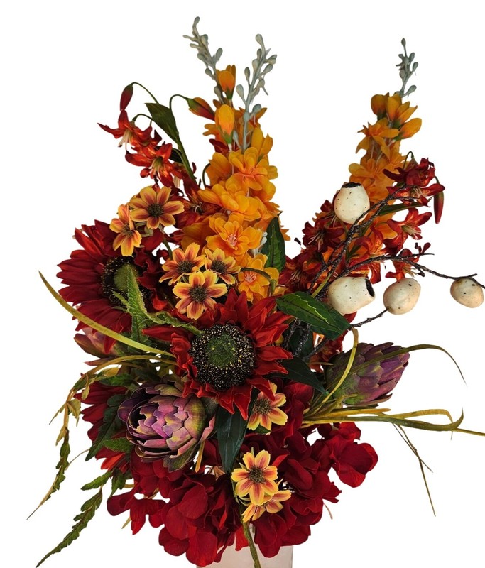 Artificial Floral Arrangement Bouquet – Fall Colors Red Yellow & Textured Accent