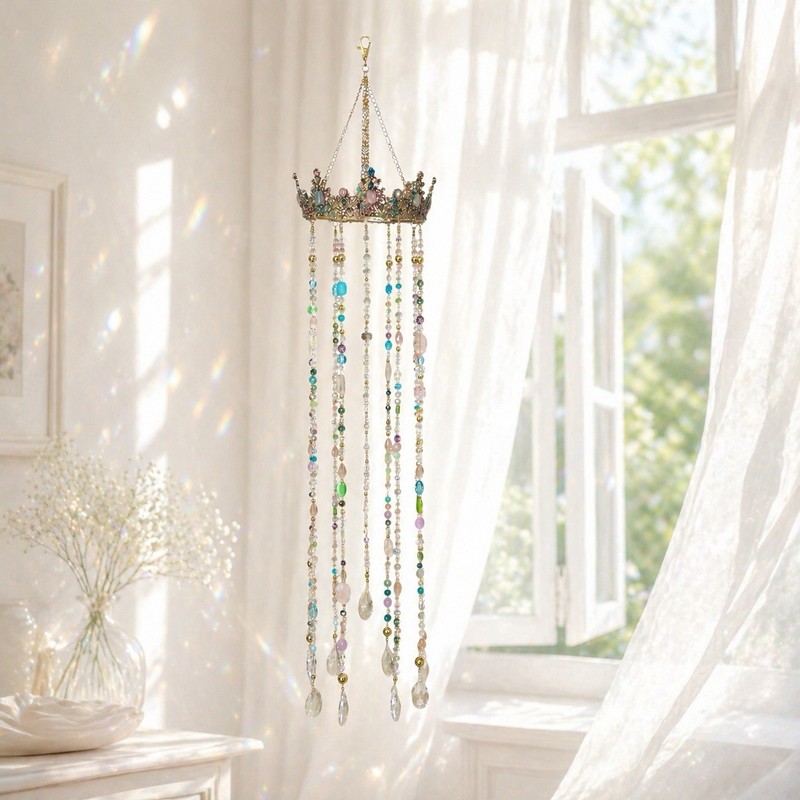 Handmade Crown Crystal Suncatcher Chandelier 32” Boho Luxe Window Decor
