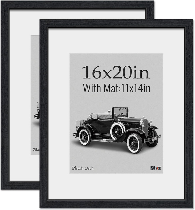 16×20 Picture Frame Set, Black Oak Wood, HD Glass, 2 Pack for Wall Display
