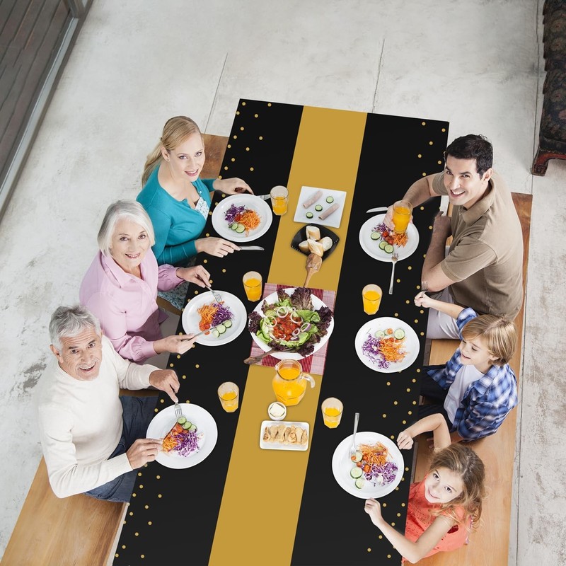 3 Pack 2in1 Disposable Plastic Tablecloths 54" x 108" Black and Gold Dot Kitchen gallery