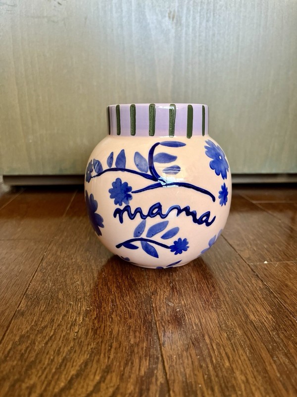 Anthropologie Mama Stoneware Bud Vase Pink Blue Floral