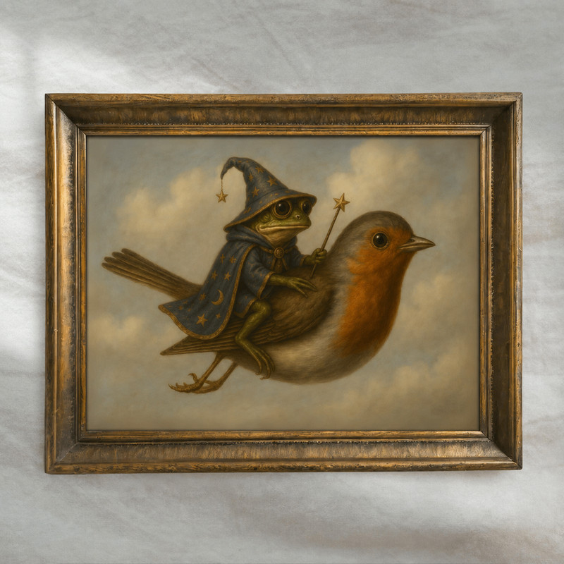 Frog Wizard Riding Bird Poster Cute Cottagecore Wall Art Whimsical Nursery Decor