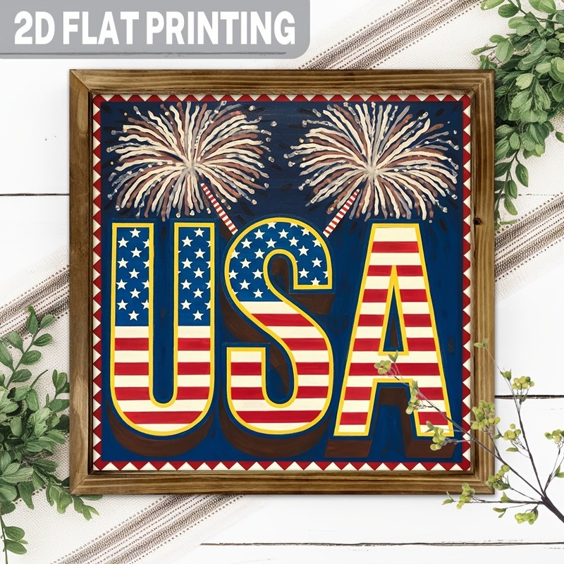 Patriotic USA Fireworks Wood Plaque, Flag Letter Print 4th of July Wall Decor