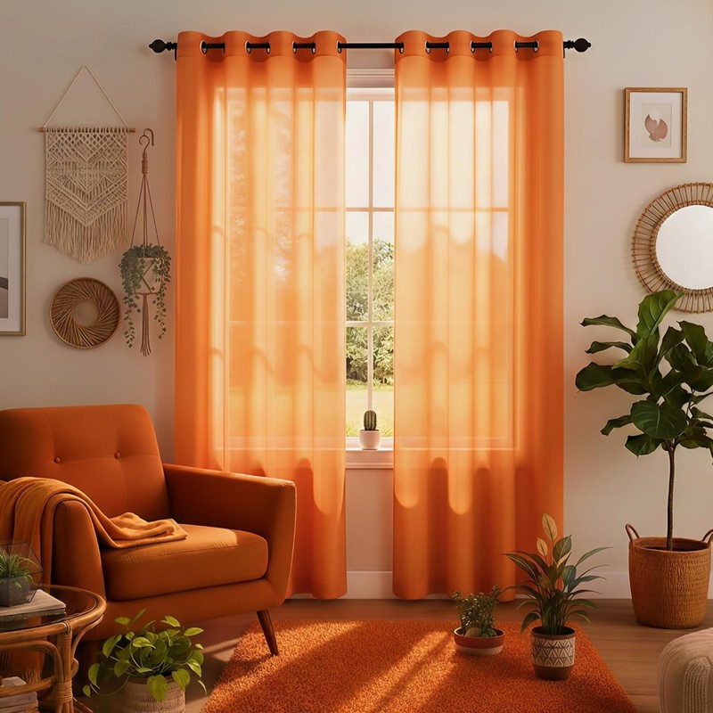 Orange Sheer Curtains 84 Inches Long 2 Panels, Retro Tangerine Mid Century