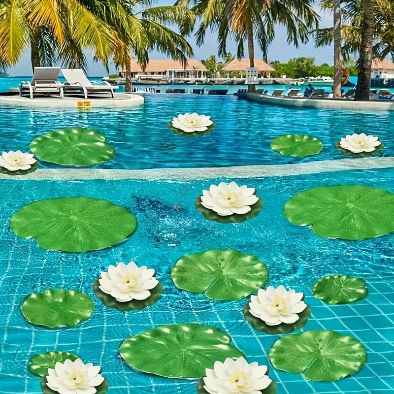 12pcs Floating Foam Lotus Flowers with Lily Pads, Artificial Pond Plants Orna... gallery