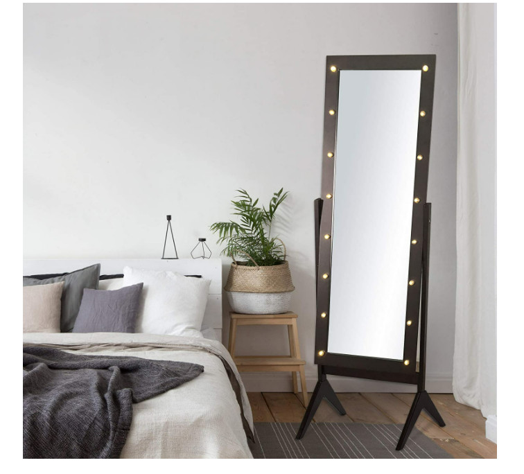 Espejo De Piso Longitud Pie Negro Hollywood Con Luces LED Grande Para Cuarto New