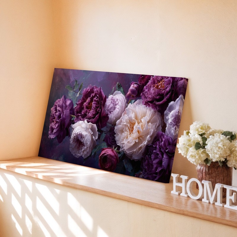 Purple and White Peony Flowers Floral Botanical Garden Home Room Canvas Decor gallery