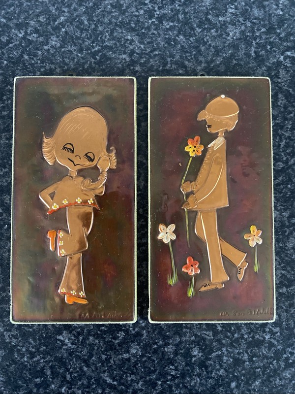 Genuine W. San Michelle Copper Wall Art Girl Boy Handmade Painted