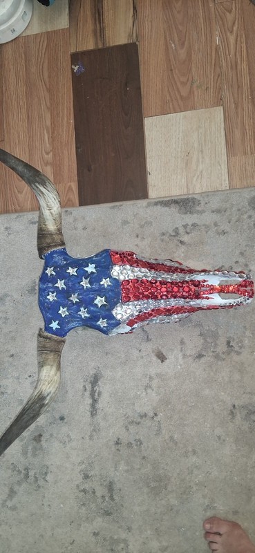 jeweled American Flag painted Longhorn skull with clear and red jewels. .