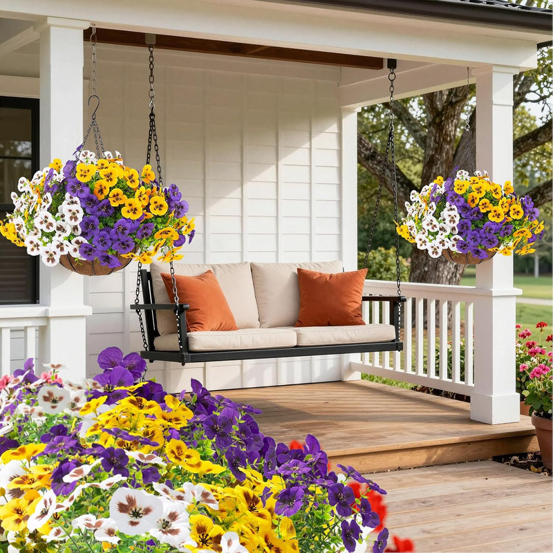 2 Sets Artificial Hanging Pansy Flowers with Baskets, 24 Pcs UV Resistant Faux S gallery