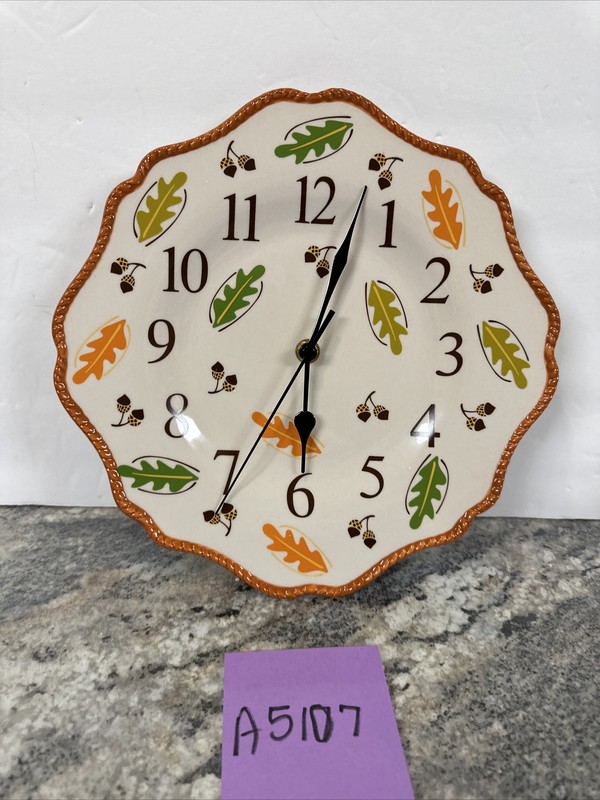 10” Temptations Fall Harvest Stoneware Wall Clock Acorn Leaf