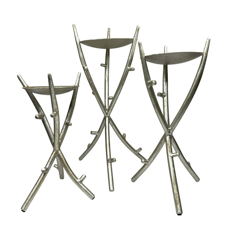 Set of 3 Silver Branch Taper Candle Holders Stands Metallic Textured Decor