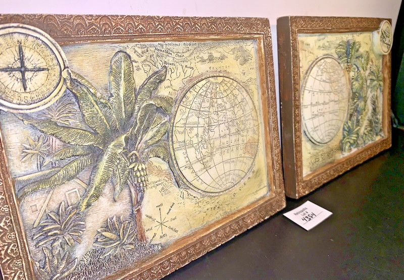 2 Globe Safari Map Ceramic Embossed Wall Art Plaques Tina Chaden ARTIQUE Vintage