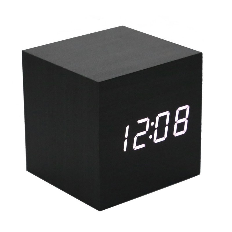 Wooden Alarm Clock – Mini Cube LED Digital Clock with Time/Date/Temperature