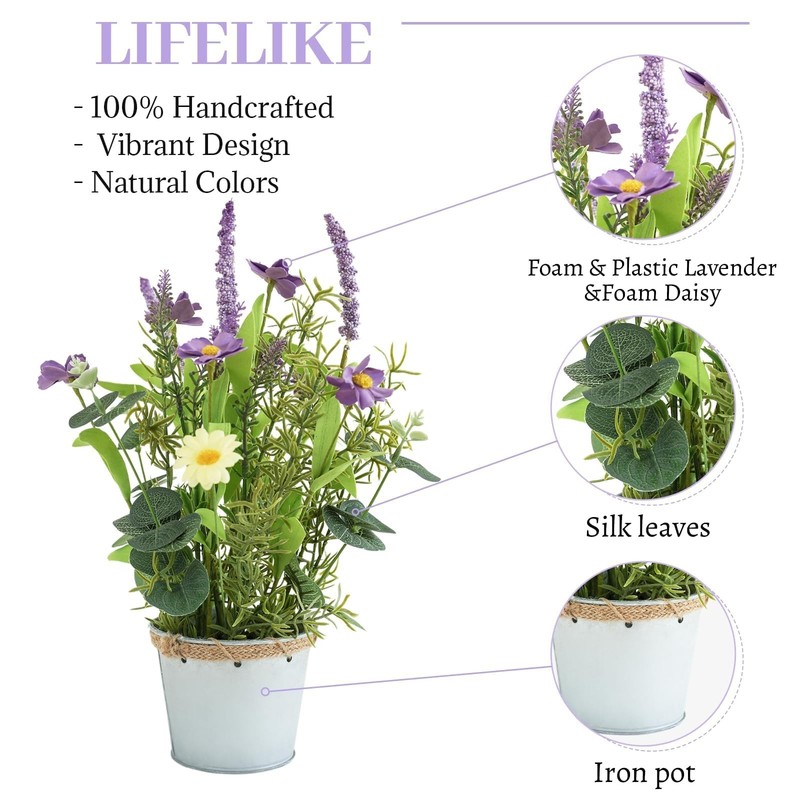 Artificial Flowers Potted, 12.2'’ Flower Arrangement w/Daisy & Lavender in Me... gallery