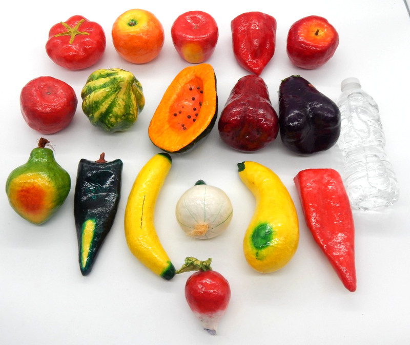 Vintage Paper Mache Fruit & Vegetable Lot 17pc Folk Art Mexico W/ Wicker Basket