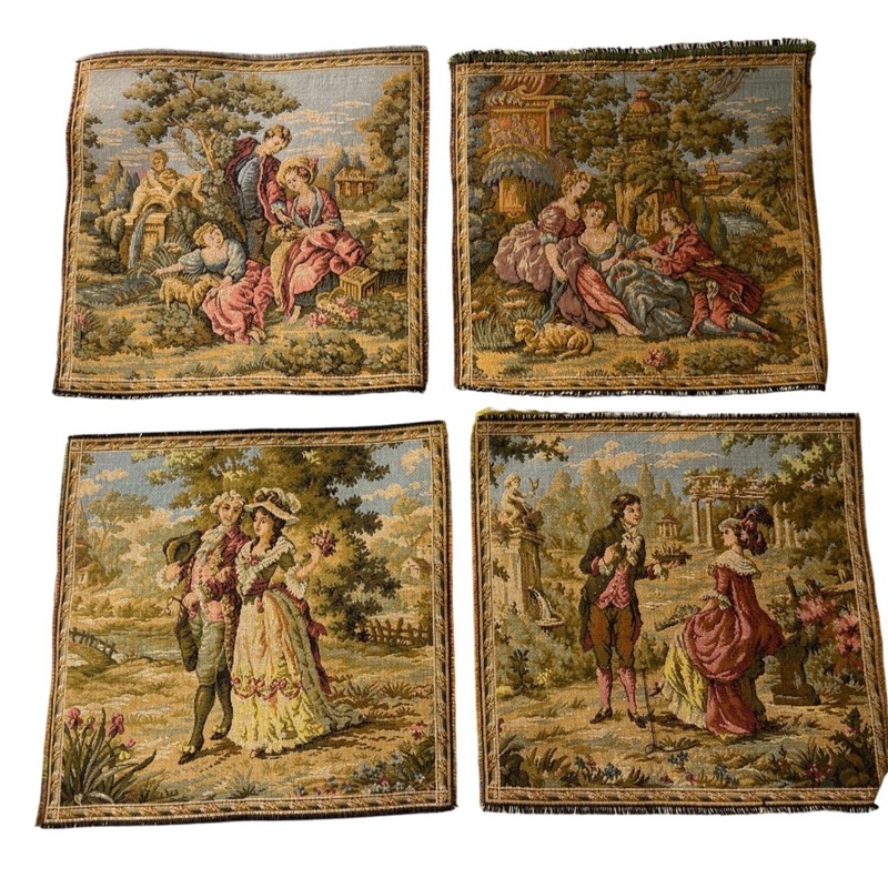 Vtg Baroque Rococo Pastoral Tapestry Swatch 10 x 10″ France Mid Century set of 4