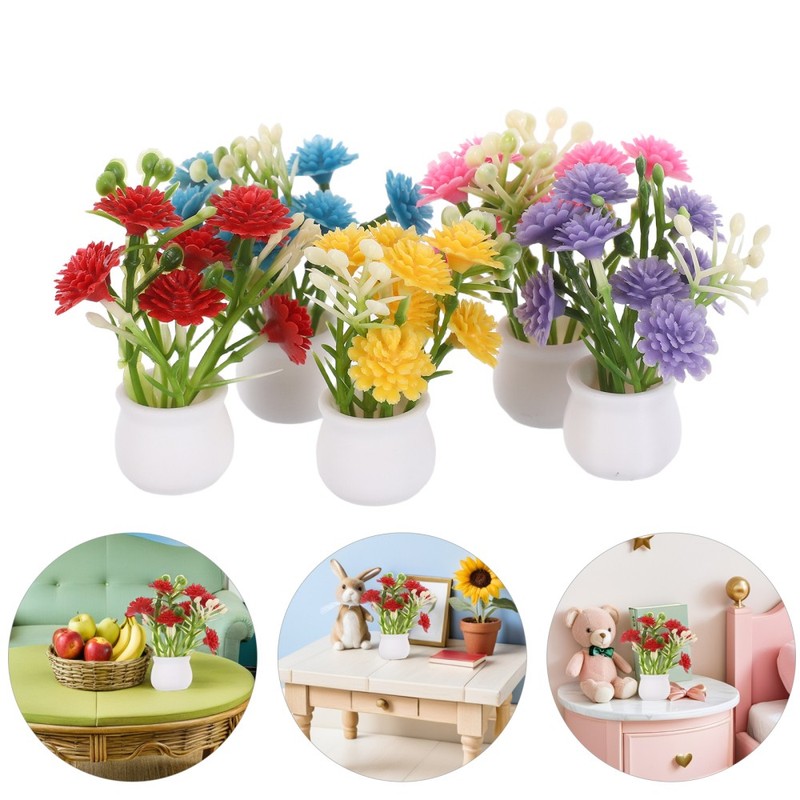 5pcs Mini Flower Pot Set with Artificial Flowers for Dollhouse and Fairy Garden