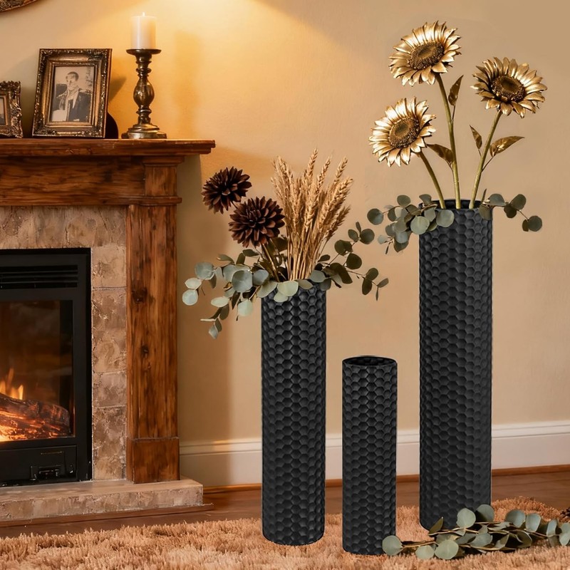 Black Tall Floor Vase - Set of 3 Extra Large Metal Decorative Vases for Living R gallery