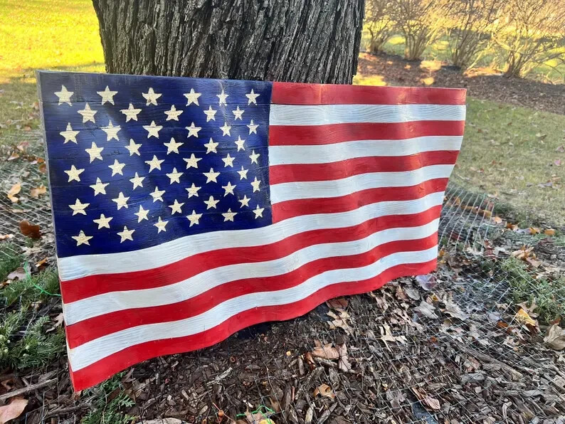 Wave Rustic Designer Patriot Wooden American Flag Antique Finished Hand Painted