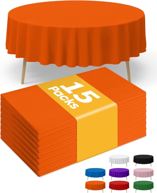 Orange Plastic Table Cloth – 15 Pack 84″ Round Disposable Tablecloths for Round