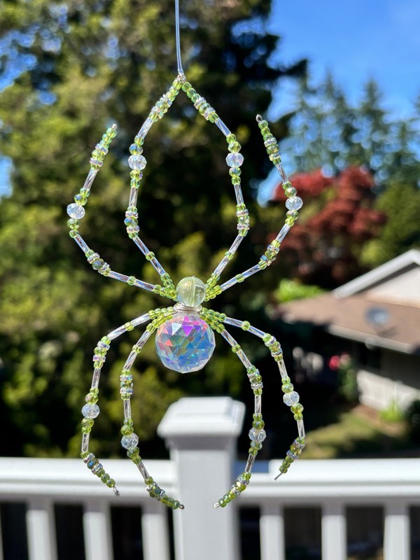 Handmade Beaded Itsy Bitsy Spider Suncatcher Silver and Green