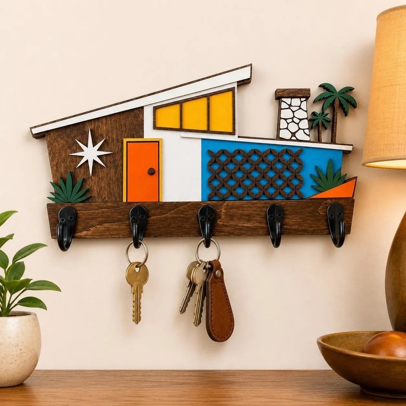 Mid Century Modern Key Holder- Wall Coat Rack- Retro House- 5 Hooks -MCM Decor gallery