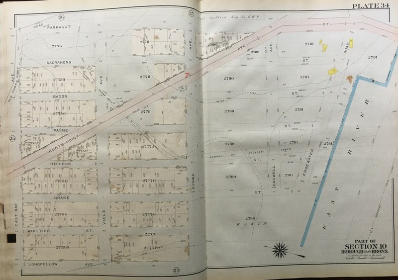 1911 BRONX NY OLD HUNTS POINT ROAD-EAST RIVER&LONGFELLOW-FARRAGUT ST ATLAS MAP