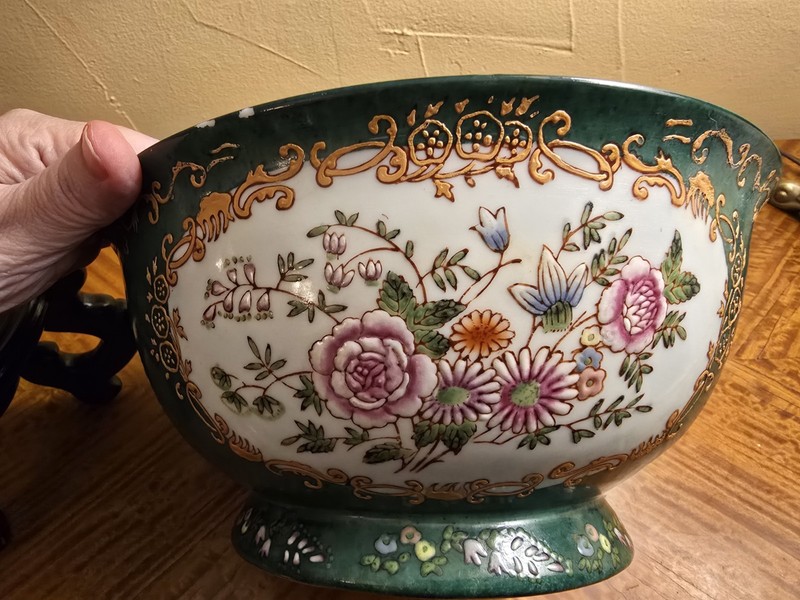 10" Green Glazed Decorative Footed Bowl w/ Enameled Floral Design & Gold Detail gallery