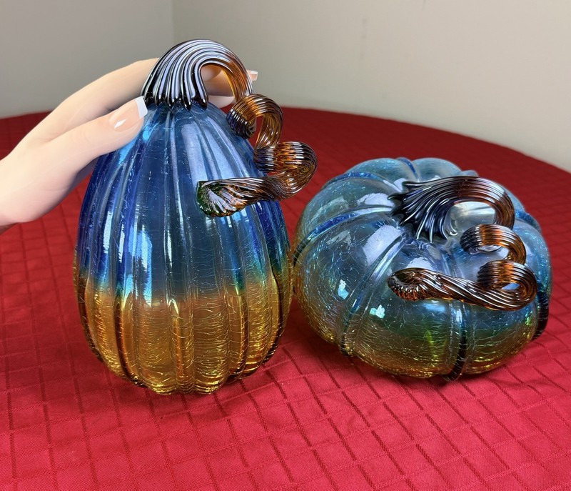 New Pier 1 Imports Art Glass Collection Crackle Blue & Amber Glass Pumpkin 2 Lot