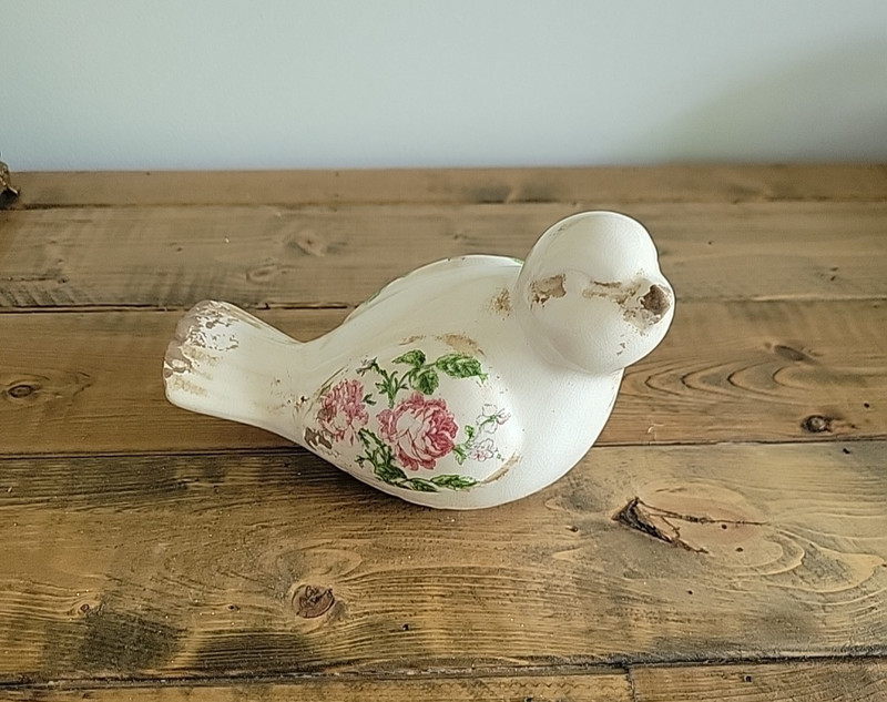 Vintage Style Floral Ceramic Bird Figurine Pink Rose Cottagecore