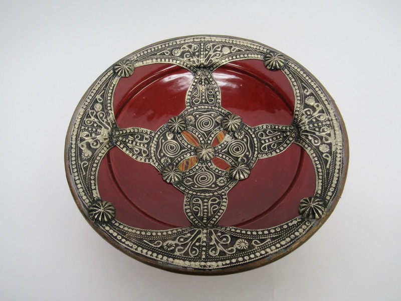 10″ Terracotta Moroccan Bowl Plate RED Glaze Metal Overlay w/ Wall Hanger