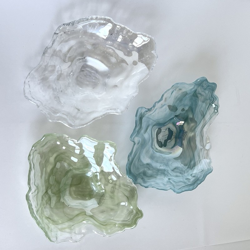 Oyster Shell Art Glass Akcam Style Pearlescent Decorative Dish Set Of 3 Coastal