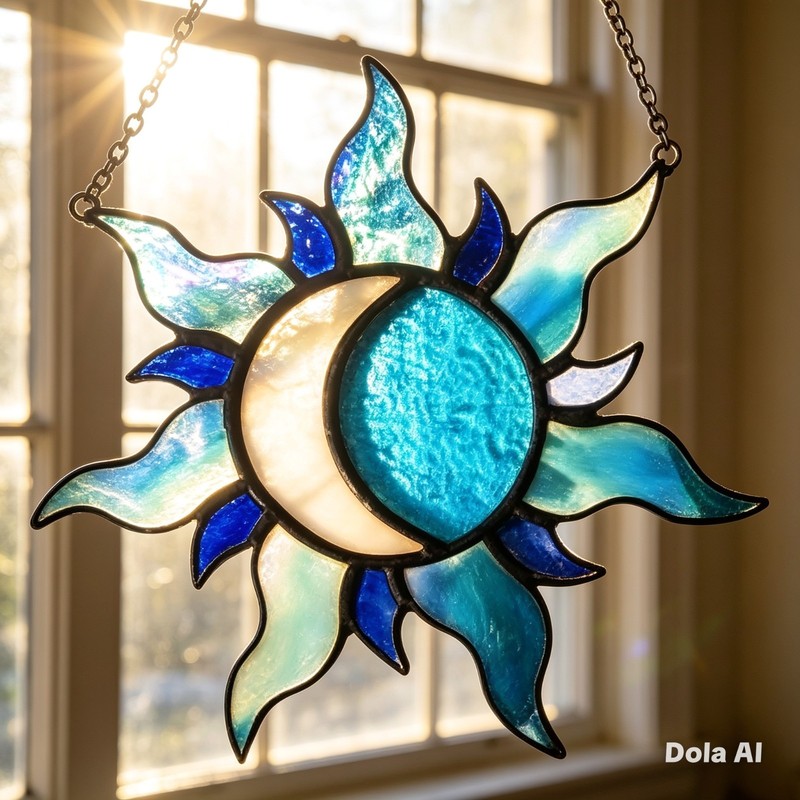 Celestial Sun & Moon Unity Stained Glass Blue Iridescent Spiritual Suncatcher