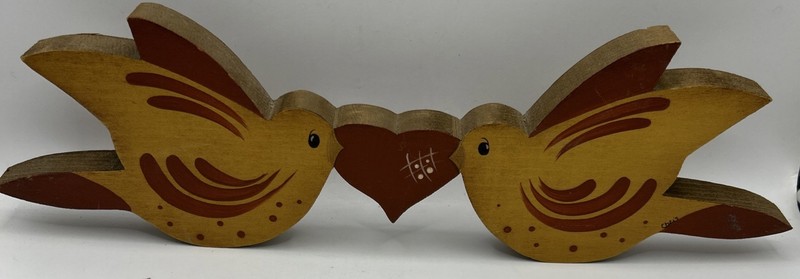 Folk art hand painted wooden wall art birds holding a heart