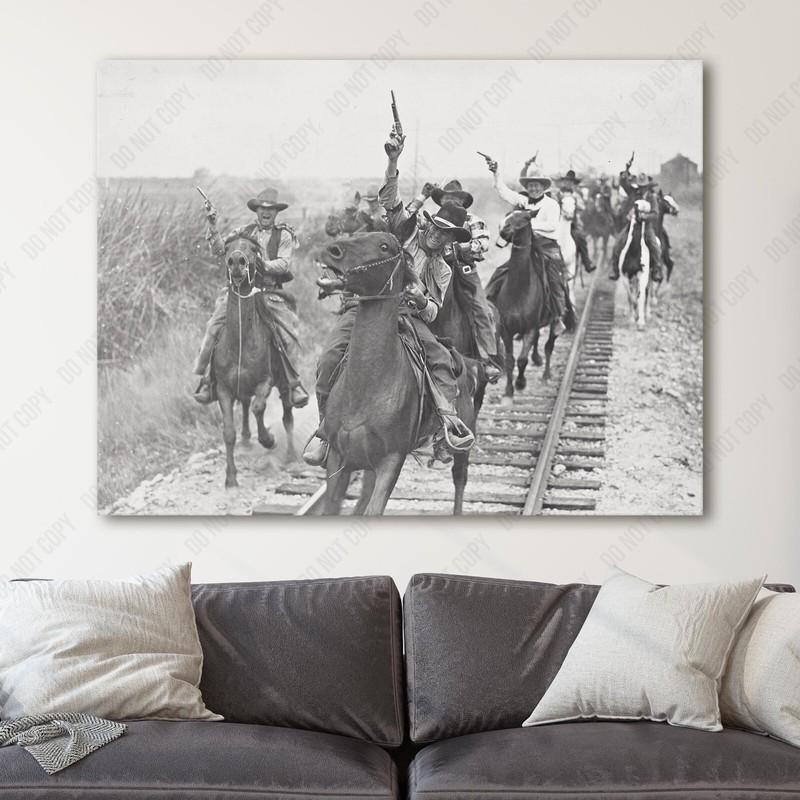 Cowboys Shooting Guns On Horseback 1900s Western Horse Canvas Wall Art Print gallery