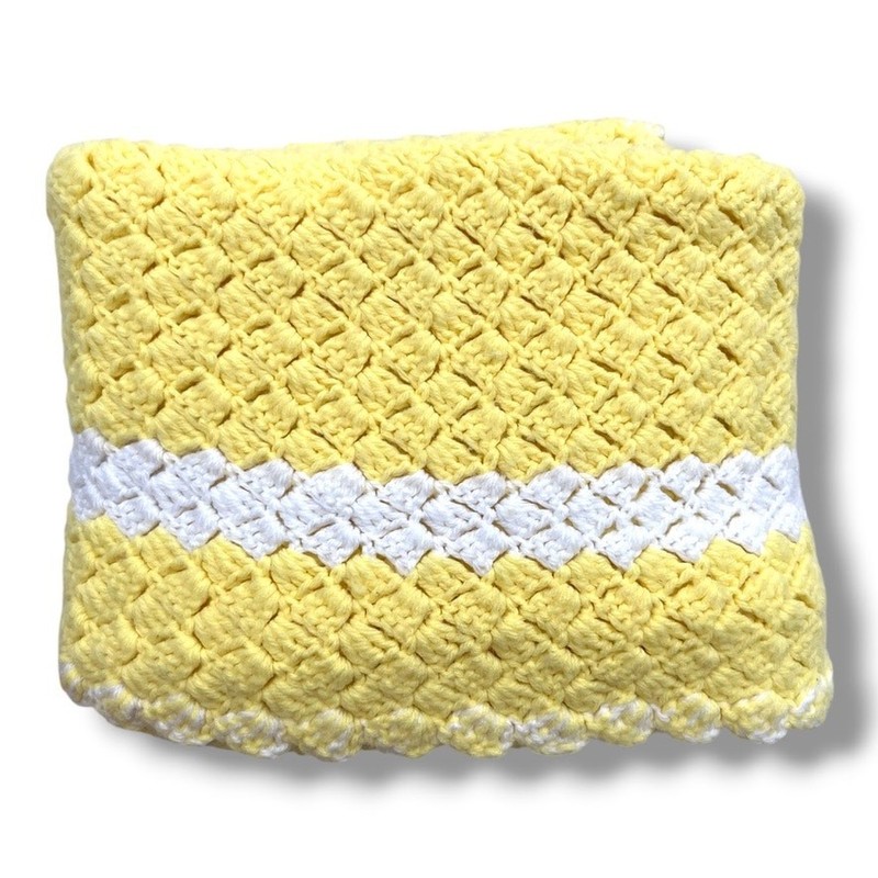 Vintage Crocheted Yellow Baby Afghan with White Border Gender Neutral gallery