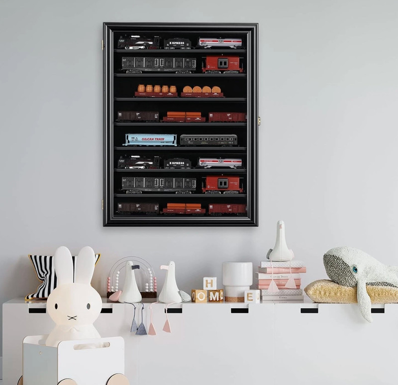 Train Display Case N/Z Scale Black Wall Cabinet Railroad Locomotive Wood Frame gallery
