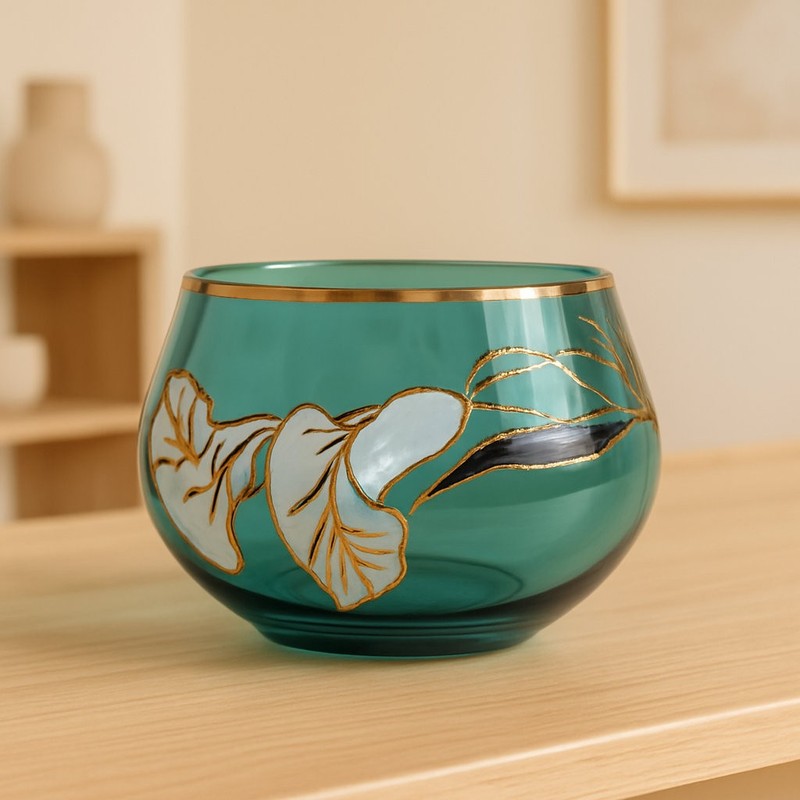 Blue Round Hand-Painted Flower Vase with 24K Gold, 1lb 2oz, 4.5x6x6 – Czech