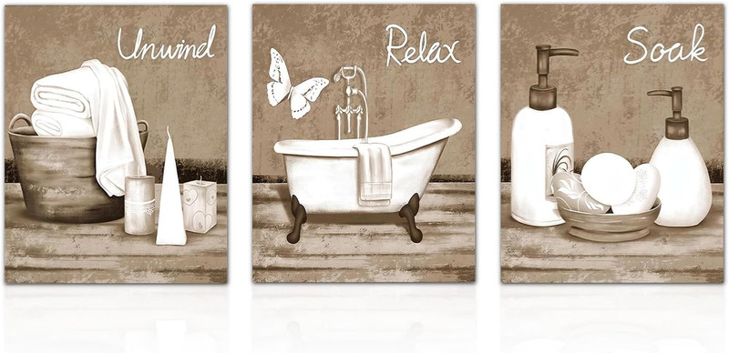 3Pcs Vintage Bathroom Wall Art Decor, Beige White Bathtub Spa Accessories Canvas
