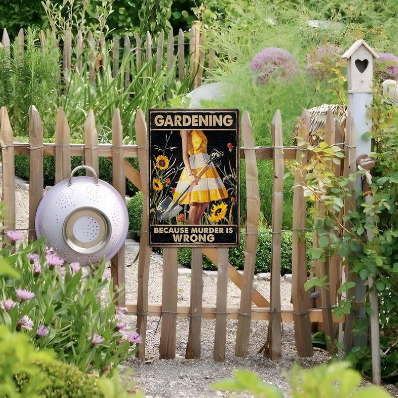 Funny "Gardening Because Murder Is Wrong" Metal Sign: Women's Garden Gift for Ya gallery