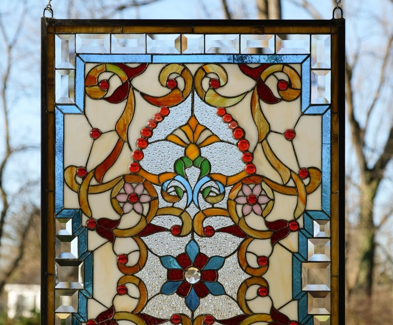 20.5"W x 34.5"H Handcrafted Jeweled stained glass window panel. gallery