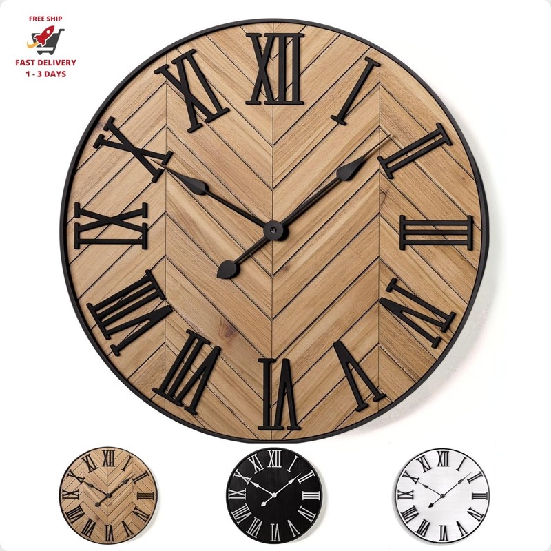 Reloj de pared grande redondo de 61 cm – Silencioso, de metal y madera