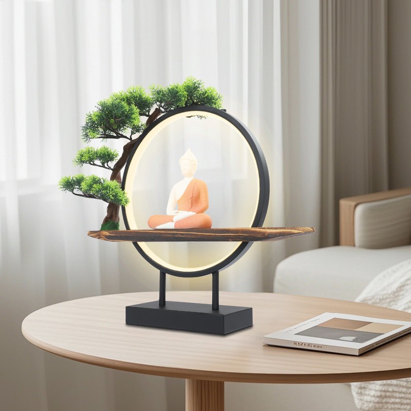 Desktop Decorative Buddha Statue Ornament Home Decor with Green Artificial Tree