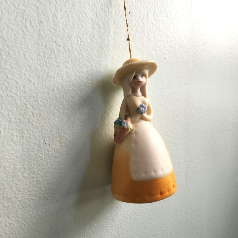 Vintage Ceramic Bell Figurine Girl with Hat and Flower Basket Hanging Ornament