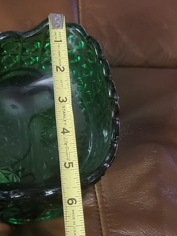 Large Deep Green Glass Daisy & Buttons Baby Carriage Candy Dish 9" X 5-1/2" X... gallery