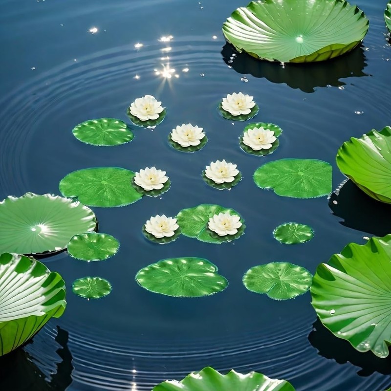 12pcs Floating Foam Lotus Flowers with Lily Pads, Artificial Pond Plants Orna... gallery