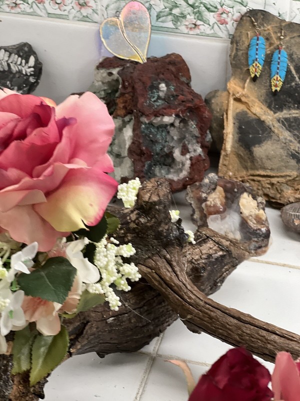 ORIGINAL FLORAL DESIGN WOOD BASE, ROSES, PEACH BLOSSOMS MOSSES BABY BREATH gallery