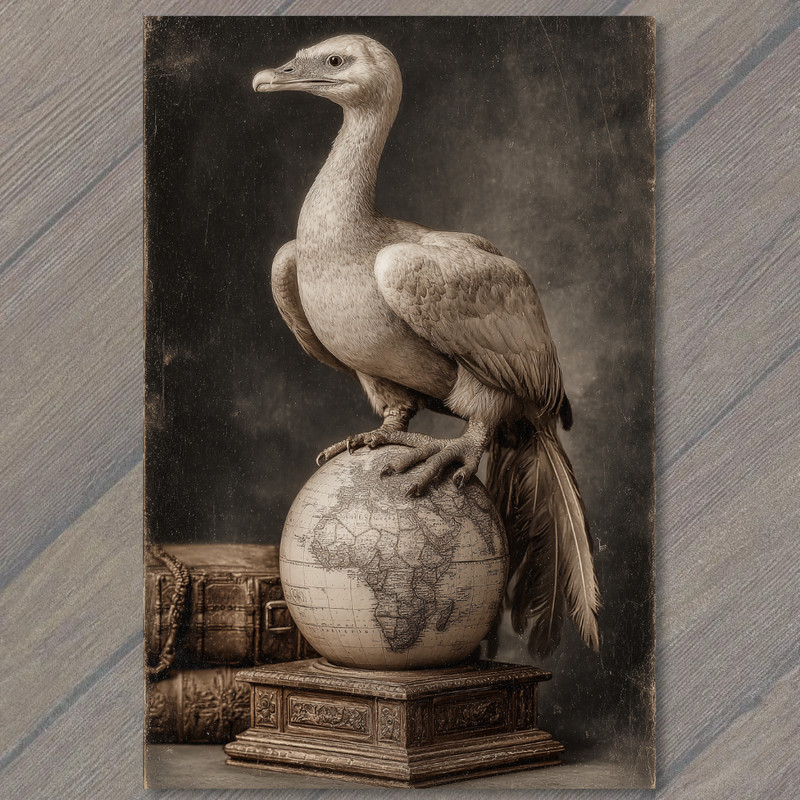 Art Print Bird Standing Globe Toned World Map Ornate Base Books Backdrop